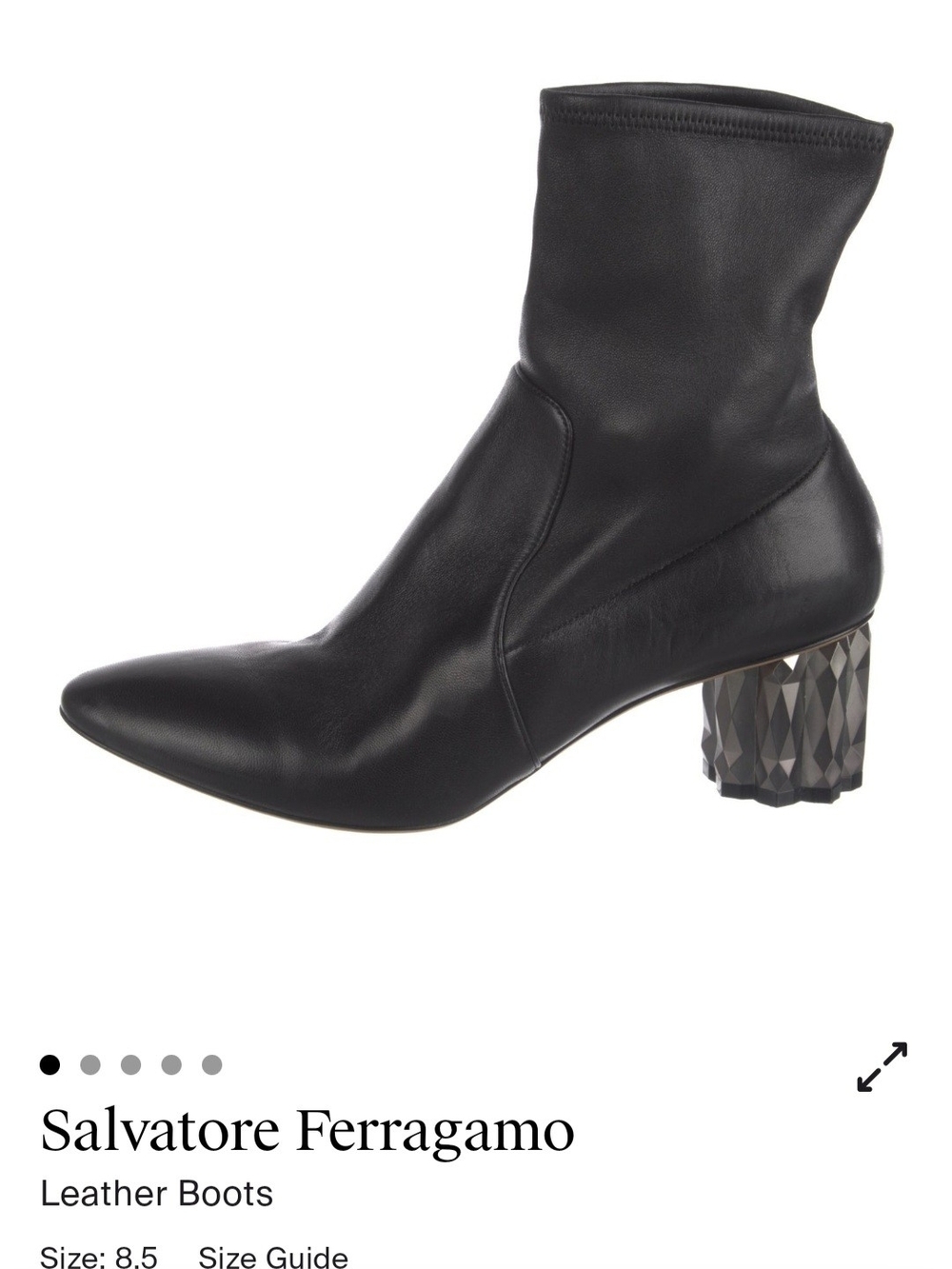 Salvatore Ferragamo Black Leather Pointed Ankle Boots with Faceted Heel